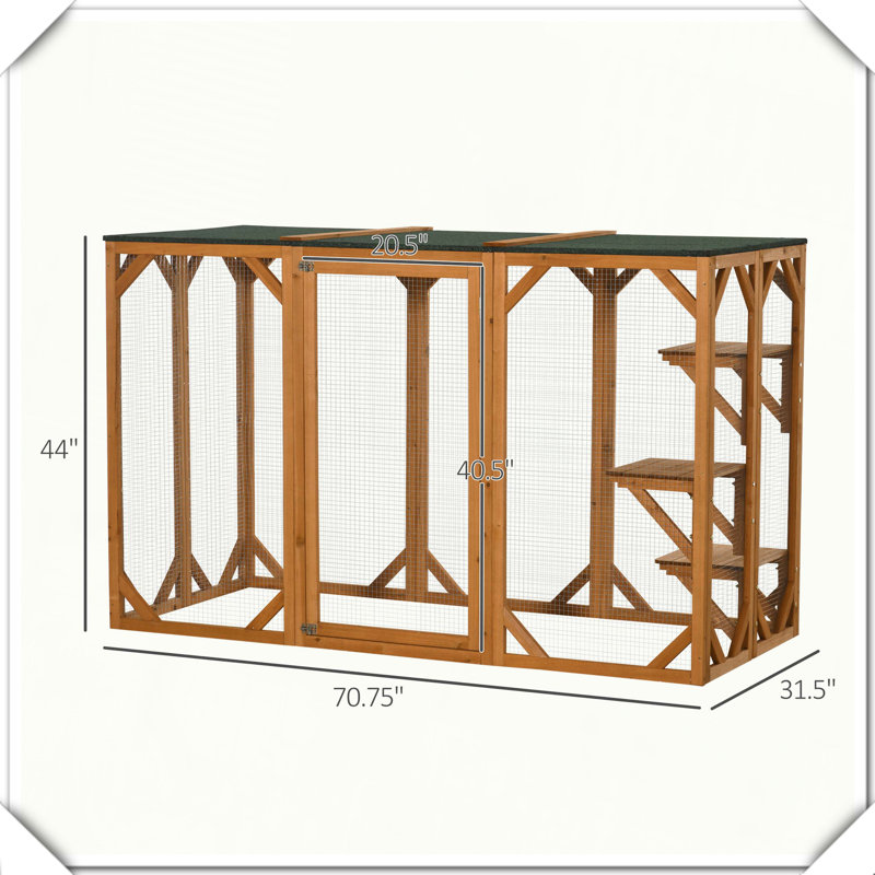 Maison d'extérieur en bois pour chat avec plateforme de protection contre les intempéries, H 44 po x l 31,5 po x P 70,75 po