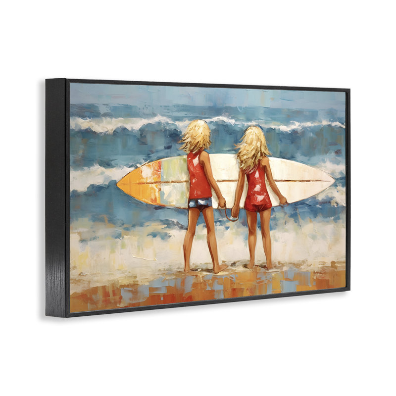 Frères et sœurs avec planche de surf, estampe numérique par Petal Prints Design, Giclée encadrée noir minuit