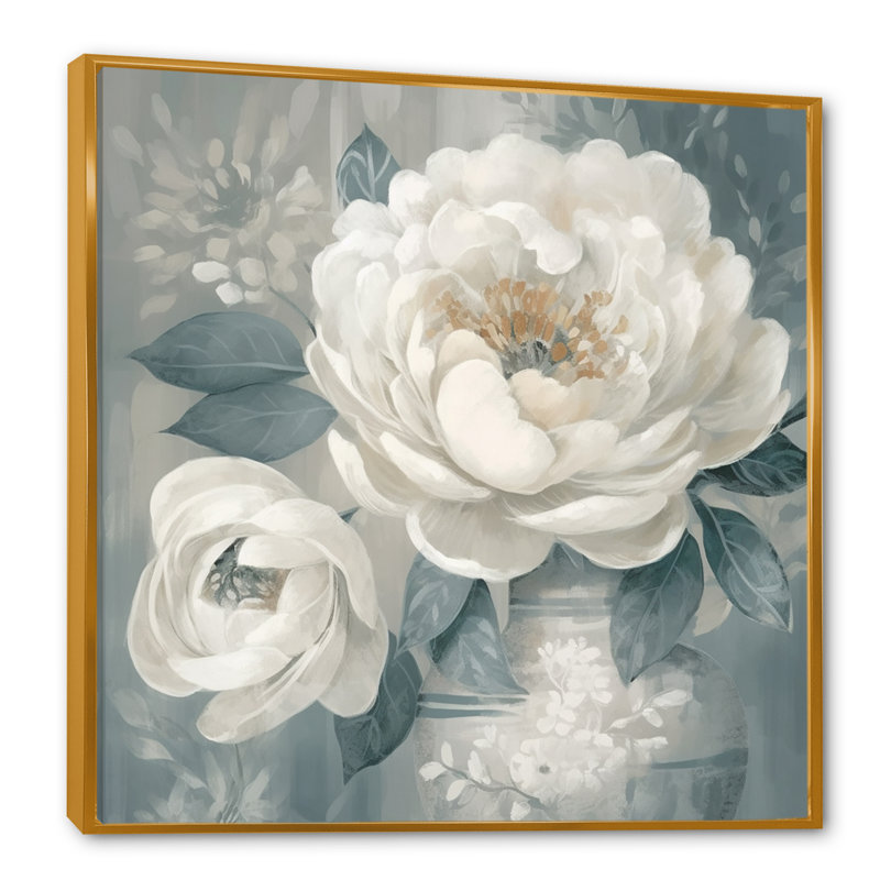 «Emotion Of White Blue Peony Flower I», reproduction d'art sur toile, H 24 po x l 24 po x P 1 po, Cadre flottant doré