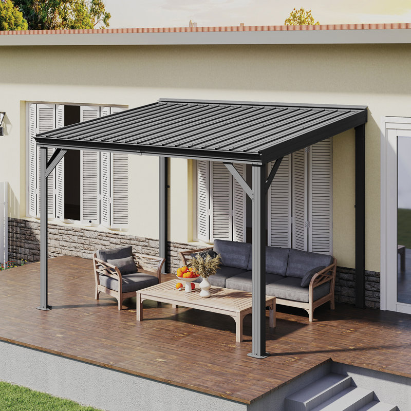 Patio Gazebo Lean to Wall Mounted Pergola with Sloping Galvanized Steel Roof, 92.04" H x 120" W x 96" D