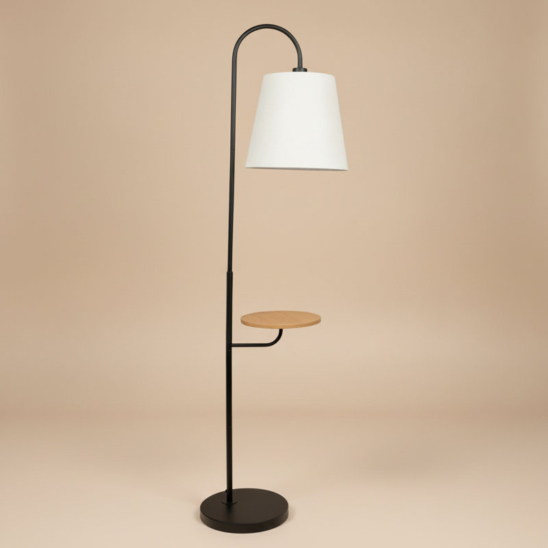 Lampe sur pied noire avec table en bois intégrée et interrupteur rotatif