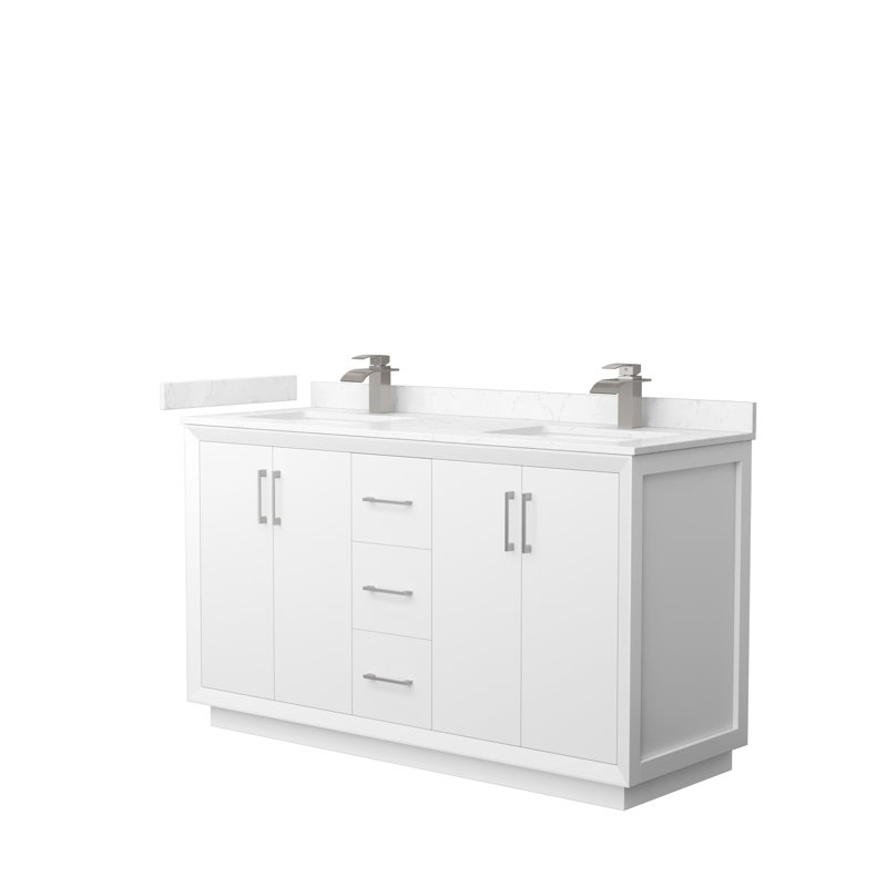 60'' Double Bathroom Vanity with Cultured Marble Top, Brushed Nickel, White, Carrara Cultured Marble