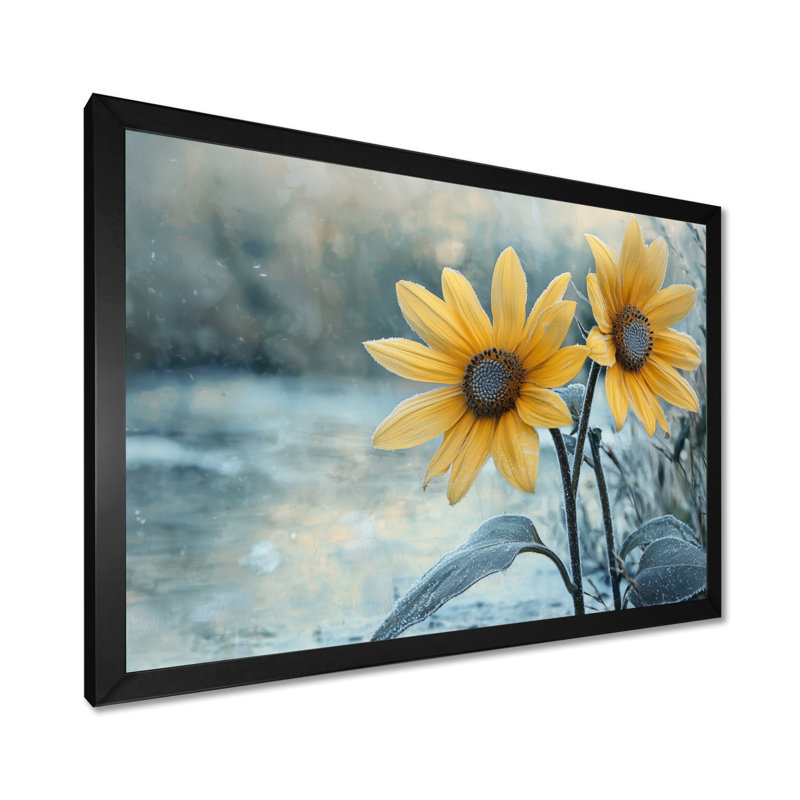 «Doneva Sunflowers By The Frozen Pond II» - Art mural tournesols, Reproduction encadrée d'une seule photo, H 30 po x l 40 po