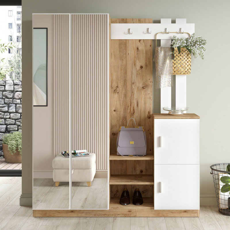 Dgautier Hall Tree 147.6cm Wide with Shoe Storage, Oak/White