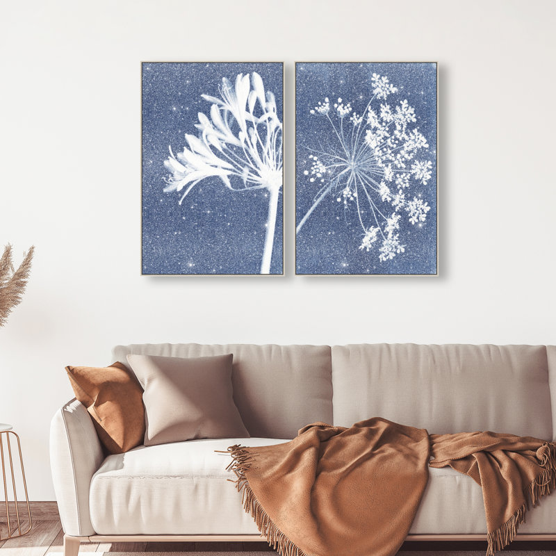 Cyan Flowers Set Set by Oliver Gal, 31"H x 46"W, Silver Floater Frame