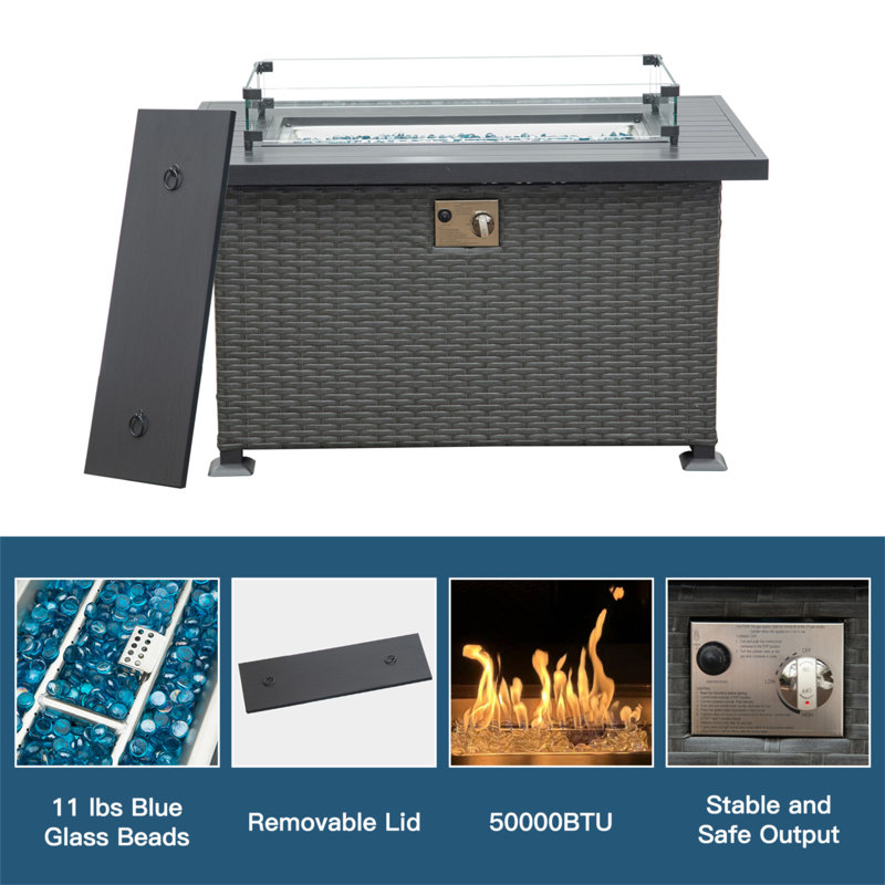 43.3 Inch Fire Pit Table With Glass Wind Guard, 50,000 BTU Smokeless Fire Pits For Outside With Aluminum Tabletop, Outdoor Wicker Gas Fire Pits For Patio