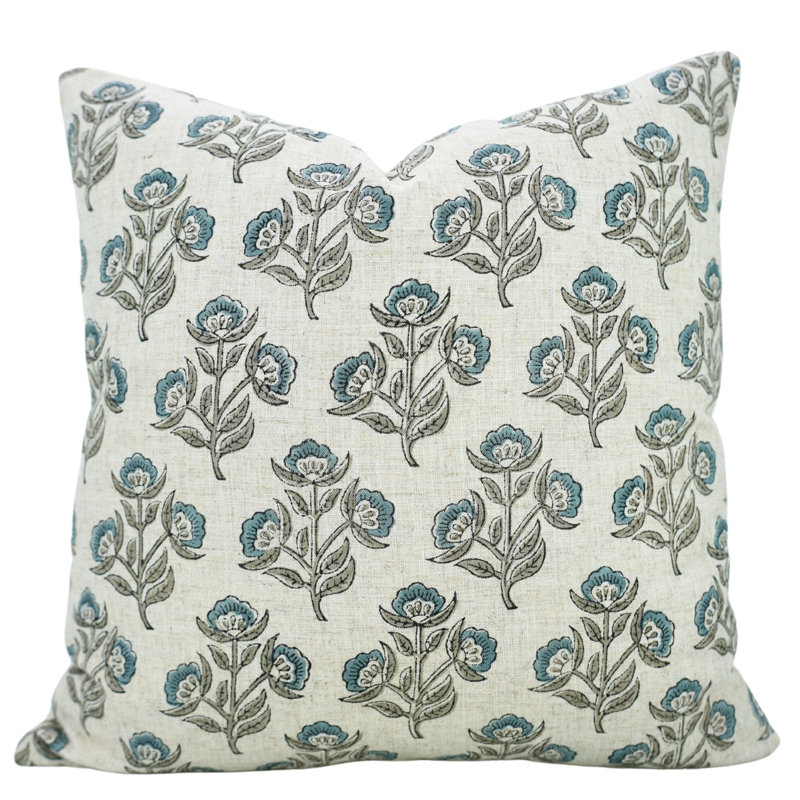 Housse de coussin en lin Fab divine, H 14 po x l 20 po, Floral bleu 1, Forme rectangulaire