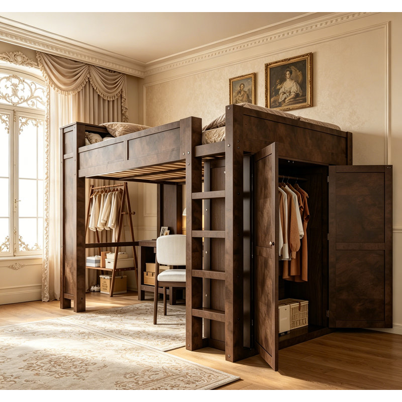 Lit mezzanine en bois avec garde-robe, bureau et tête de lit, design compact et multifonctionnel, brun