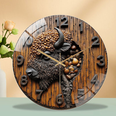 Wooden Bison Wall Clock Rustic Decor Art - 12'' Modern Glass Wall Clock