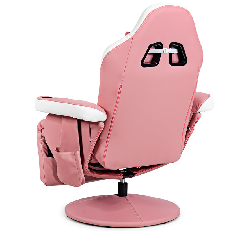 Pink and White PU Leather Reclining Gaming Chair with Footrest