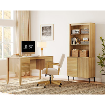 Ensemble de bureau à domicile, bureau de direction moderne de 58 po avec station de charge et tiroirs et bibliothèques cannelées à 5 niveaux de hauteur de 71,8 po de hauteur avec armoire de rangement pour le salon, la chambre à coucher et le bureau à domicile