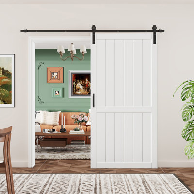 84"H Modern Sliding Barn Door Paneled White Primed Solid Core Interior Door with Installation Hardware Kit