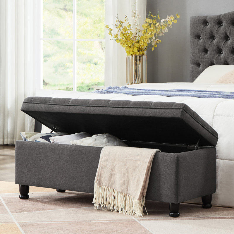 Elegant Dark Gray Storage Bench With Buttons And Linen Upholstery Upholstered Practical, Dark Gray