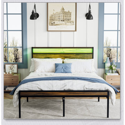 Queen Size Bed Frame with Storage Headboard, LED Light, and Charging Station for Enhanced Comfort and Organization