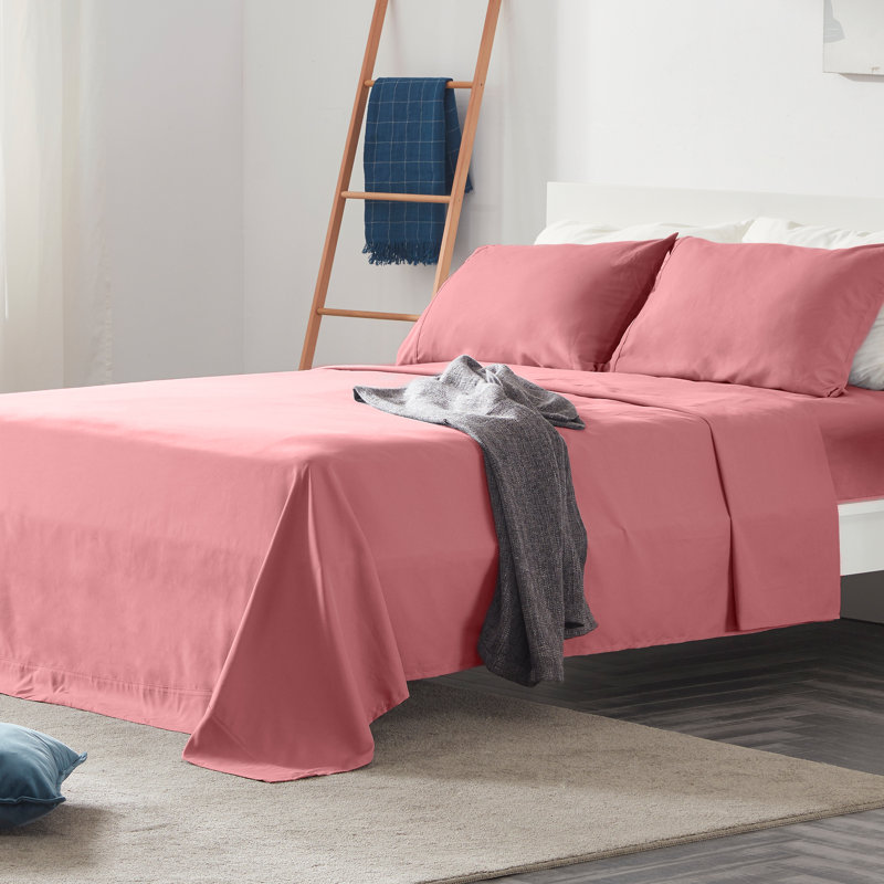Microfiber Percale Sheet Set, Queen Sheet Set + Fitted Sheet + 2 Pillowcases, Pink