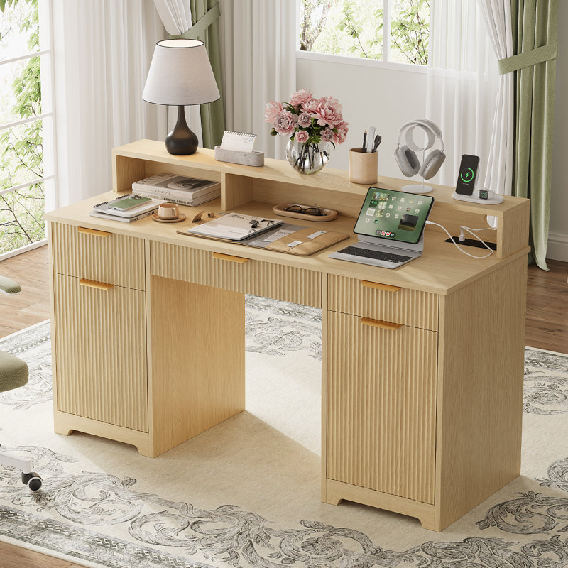 59" Home Office Desk with Charging Station, Fluted Computer Desk With Keyboard Tray & Adjustable Shelves, Executive Desk For Study, Living Room, Bedroom