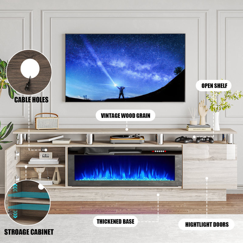 Alazik TV Stand with Electric Fireplace, Gray/Silver, Black, 24”H x 14”L x 70”W