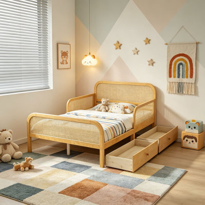 Structure de lit plateforme avec 2 tiroirs de rangement, lit en rotin pour enfants avec tête et pied de lit