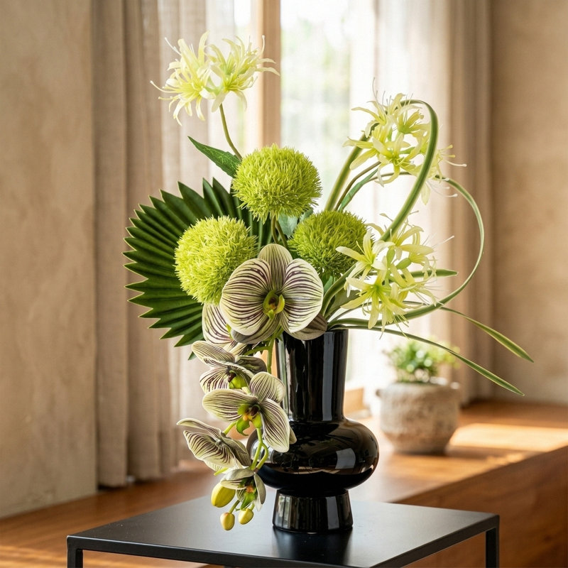 Fleurs artificielles avec vase, Noir