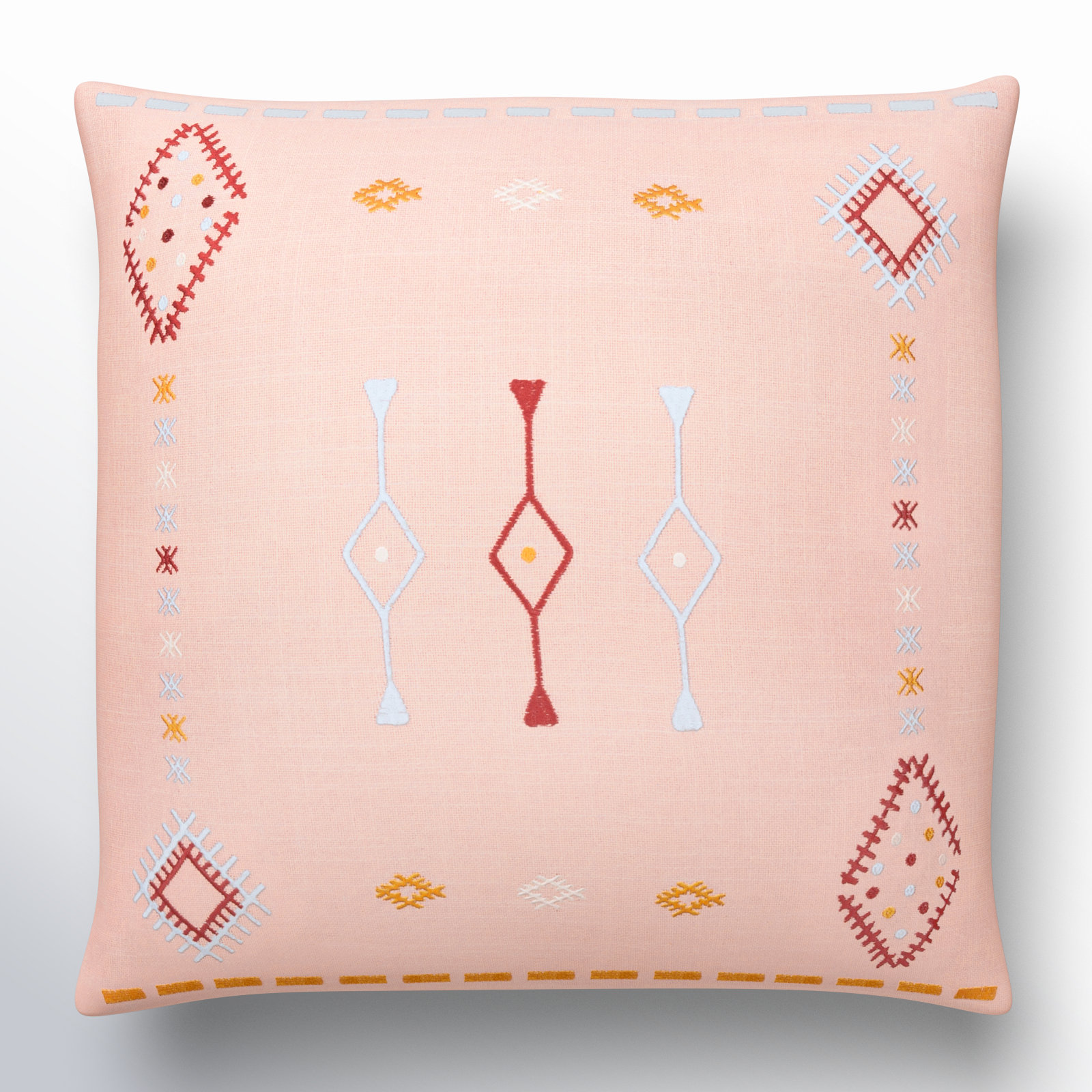 Gwyn Embroidered Cotton Pillow Cover, 20" x 20", Dusty Pink/Pale Blue/Mustard