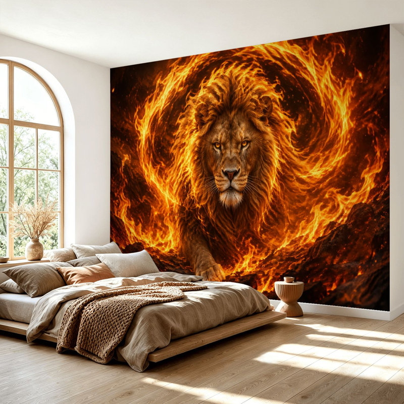 Papier peint adhésif autocollant Majestic Fiery Lion, L 69 po x l 96 po