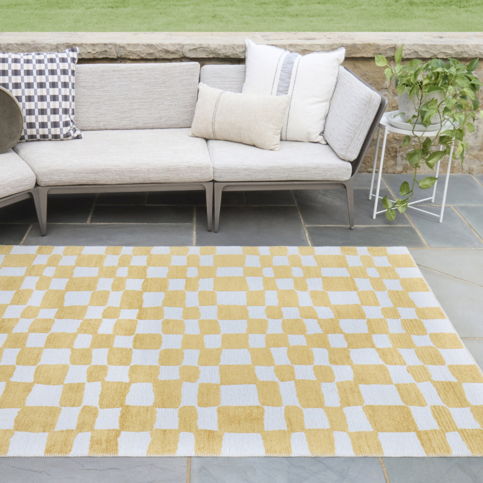 Canales Yellow White Geometric Rug, Rectangle 5'3" x 7'