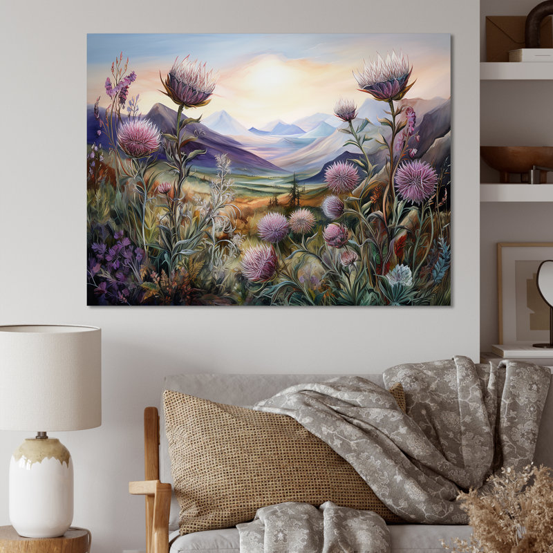 «Mauve chardon champ montagne breloque - chardon», art mural encadré, Toile tendue, H 12 po x l 20 po x P 1 po