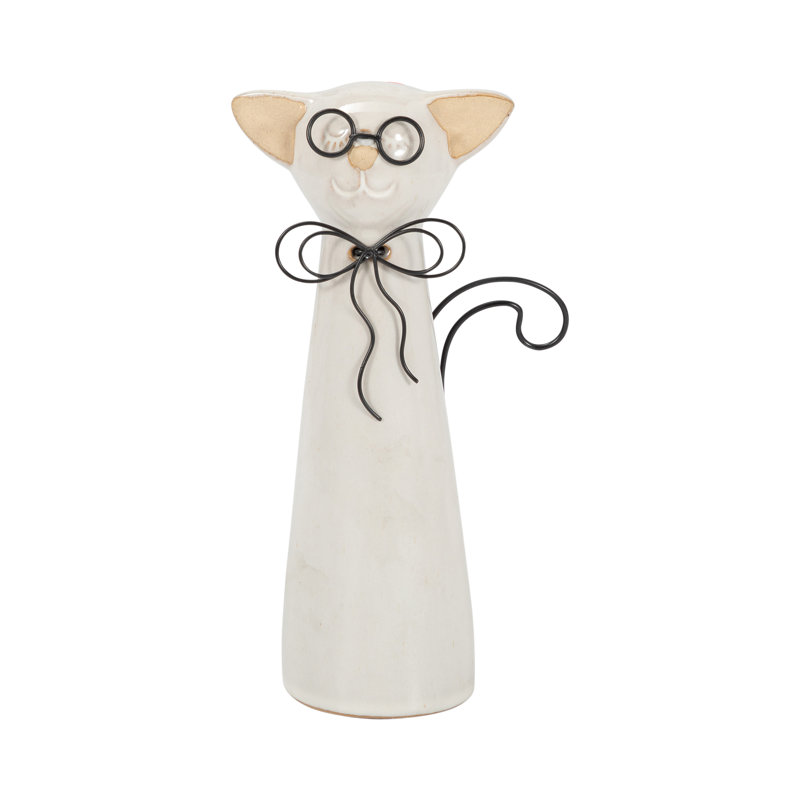 Adalye Stoneware and Metal Cat Figurine with Glasses and Bow - Modern Ceramic Animal Sculpture for Mantel, Shelf, or Tabletop - Whimsical Decorative Accent for Home or Office