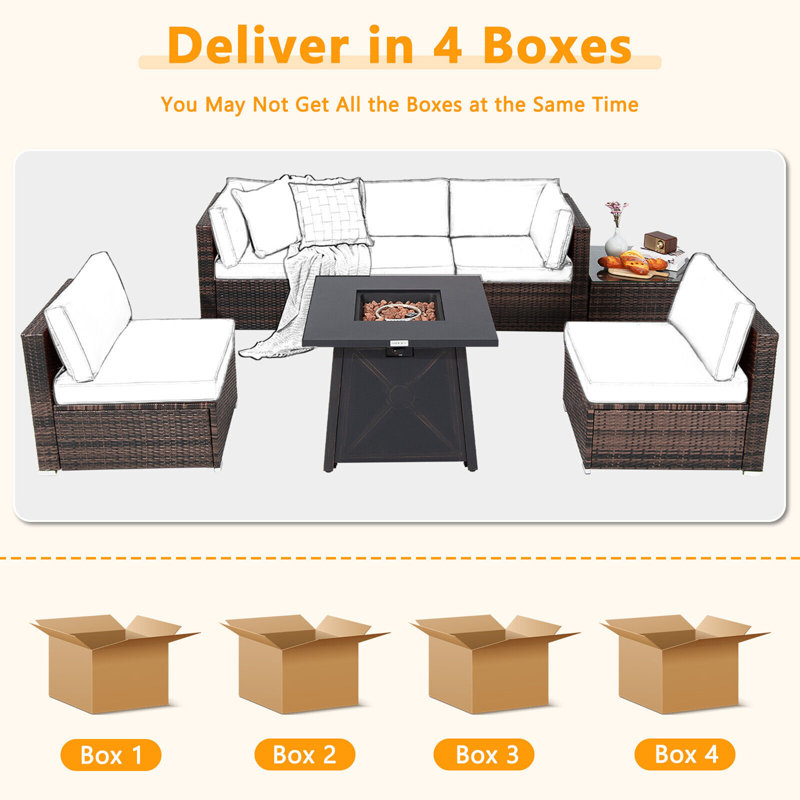Ensemble de mobilier de patio en rotin 7 pièces Latitude Run® avec table et coussin de foyer d'extérieur 30 po