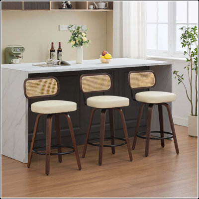Set of 3 Counter Height Bar Stools with Cane Back, Upholstered Seat, and Swivel Function for Modern Kitchens and Bars