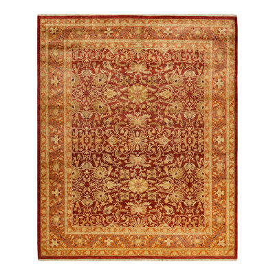Tapis rouge / jaune noué à la main de conception unique 8 pi 3 po x 10 pi 1 po Soller
