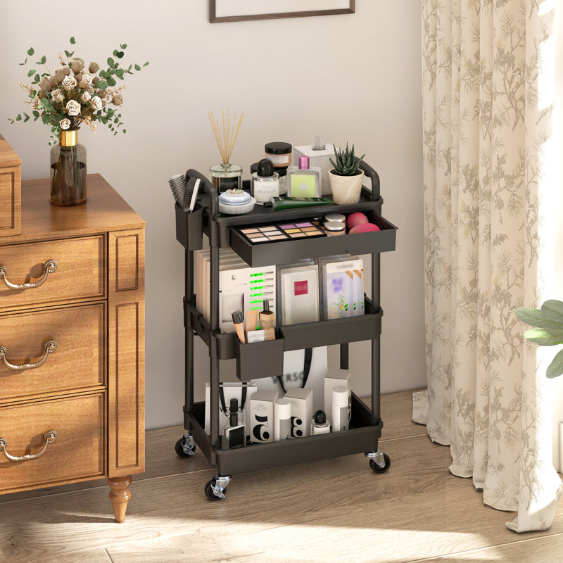Rolling Cart with Drawer & Lockable Wheels, Plastic Shelf Storage Organizer Cart, Pink, 4 Tier