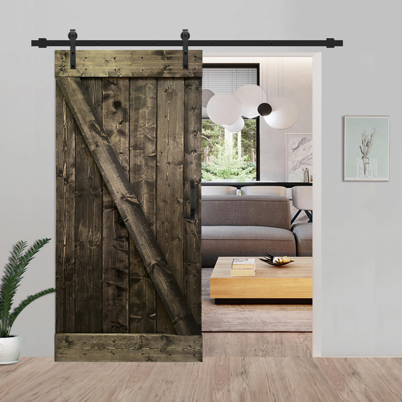 Porte de grange peinte en bois et en métal avec ensemble de quincaillerie d’installation, 24 po x 84 po