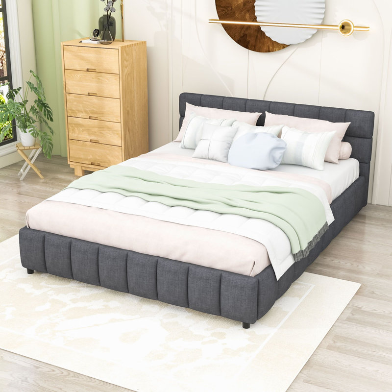 Lit plateforme Queen à 4 tiroirs, capitonné, avec tête de lit et pieds en métal, Gris
