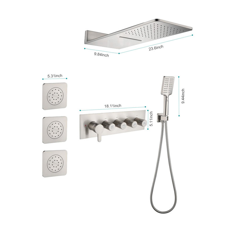 Système de douche à pluie murale avec 3 jets de corps et douche à main, Nickel brossé
