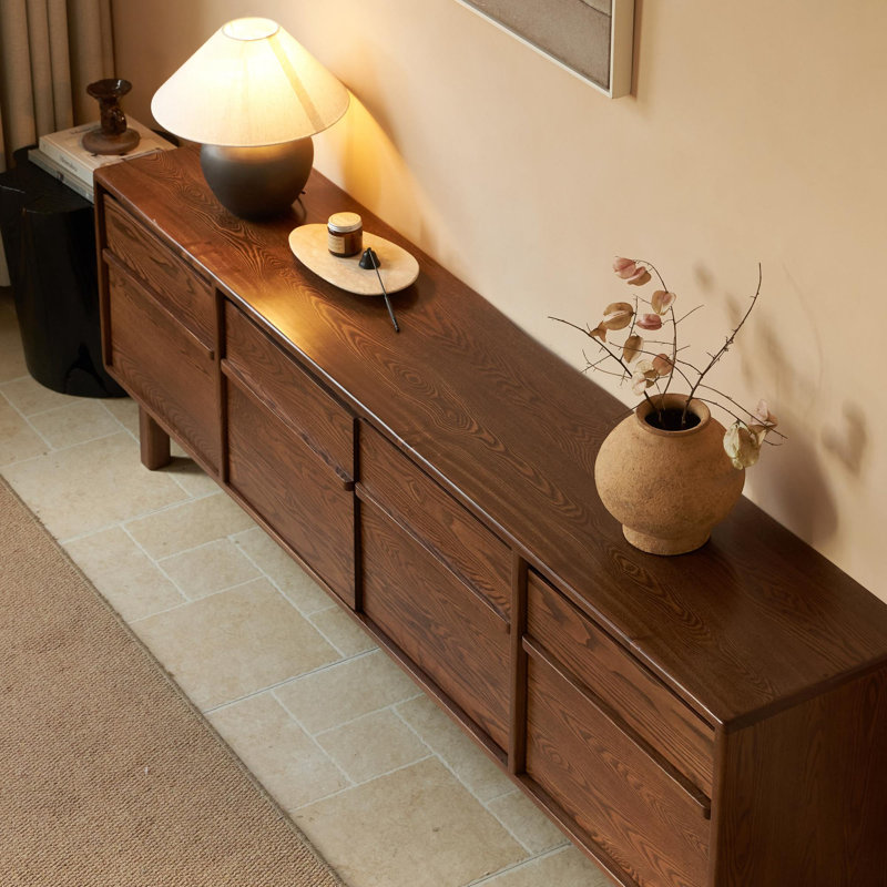 Meuble télé moderne en bois massif avec armoires de rangement et tiroirs, Brown Oak