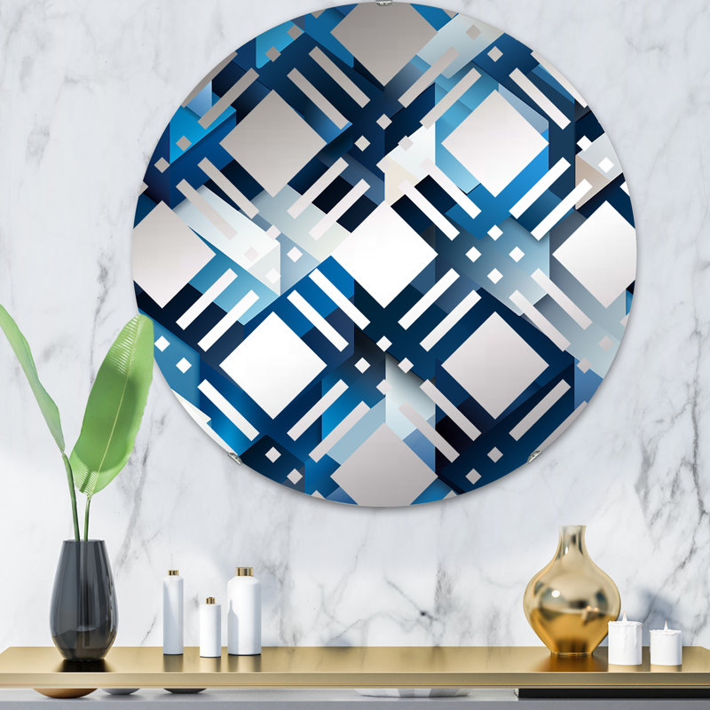 Polygones géométriques minimalistes blancs et bleus II - Cercle de miroir décoratif à carreaux, 31,4 po x 31,4 po