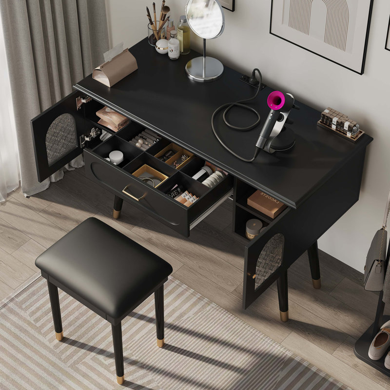 Ensemble de coiffeuse et coiffeuse élégant avec organisateur, port de charge et double fonction de bureau d'écriture., Noir