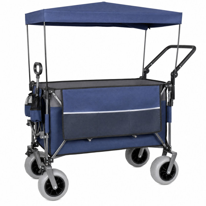 Chariot pliant avec auvent, pneus de plage 9 po, capacité de 480 lb, 300L de rangement - bleu gris, Bleu gris