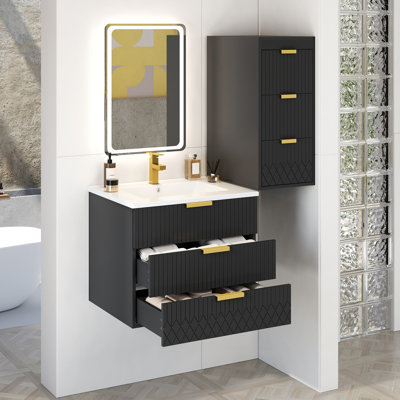 Armoire flottante murale 24 po avec armoire latérale, meuble-lavabo rectangulaire, petit lavabo de salle de bain avec trou de robinet simple et trop-plein, armoire de salle de bain moderne avec lavabo en céramique