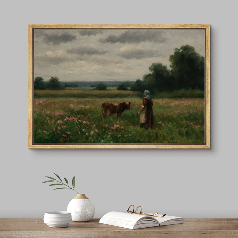 Woman and Calf in a Peaceful Countryside Meadow - Pictures Framed Canvas Print Wall Art, Natural Frame