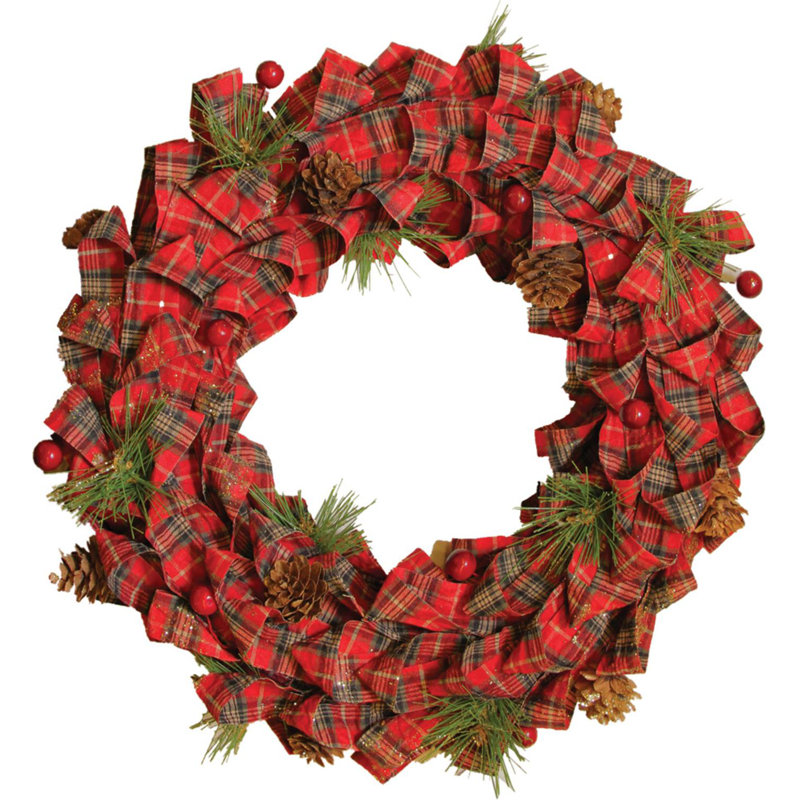 Couronne de Noël artificielle rouge à motif écossais rouge et pommes de pin non éclairées 14,25 pouces