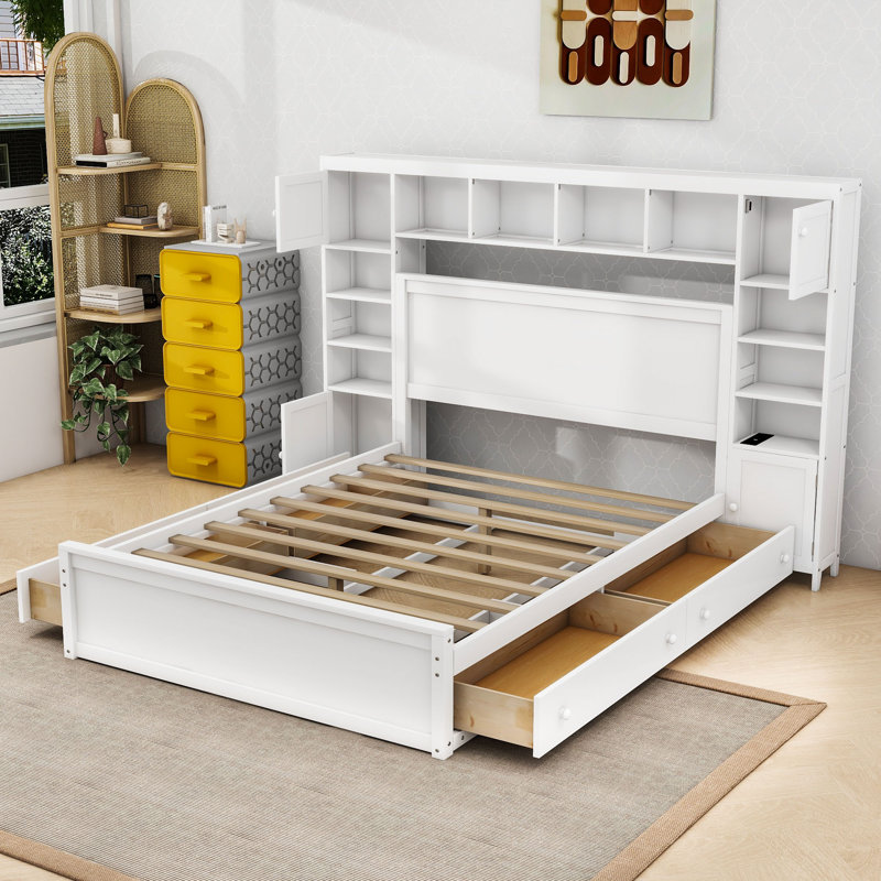 Grand lit en bois 4 tiroirs avec prises intégrées, tablettes de rangement et armoires, Blanc