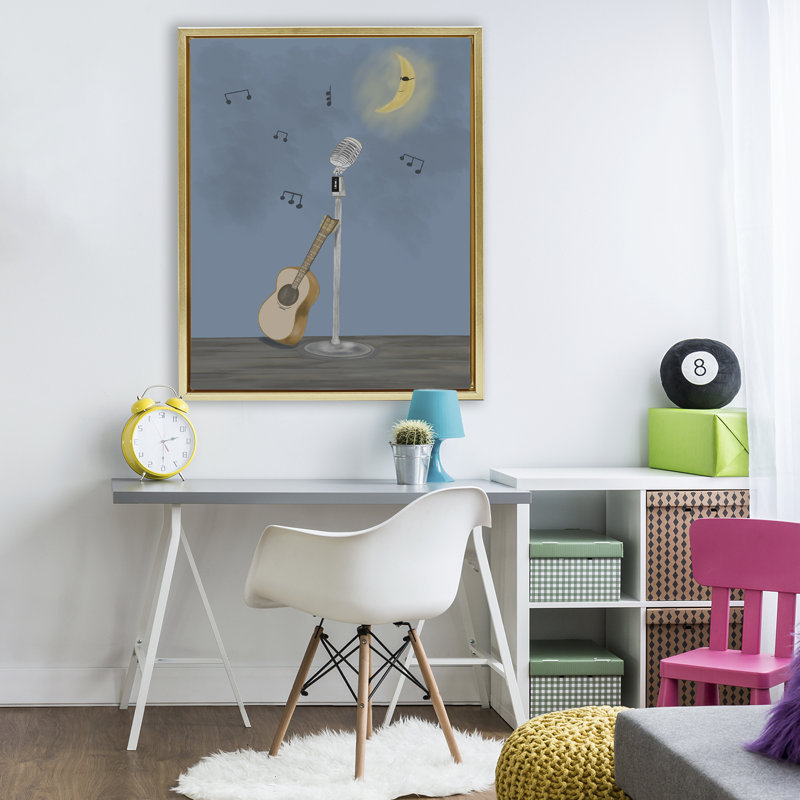 Cadre flottant musique et lune, design par Leslie Hermosa, Cadre flottant métallique doré, H 31 po x l 25 po