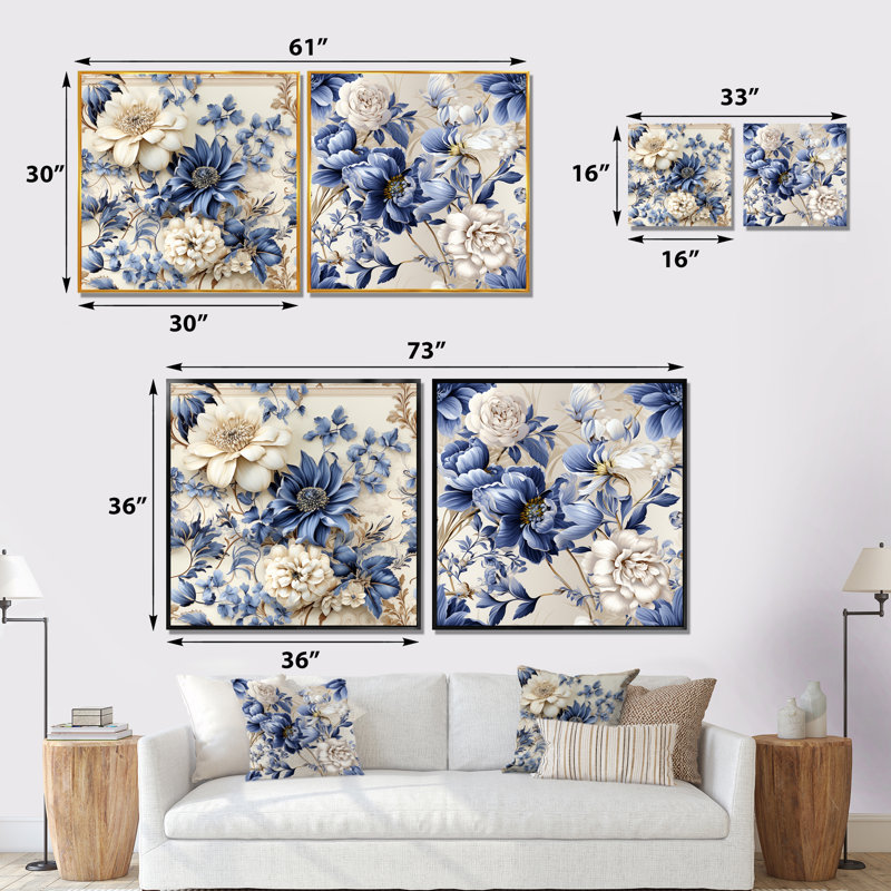 Ensemble de 2 impressions sur toile Barnstable - Bouquets assortis, Cadre flottant noir, H 16 po x l 33 po x P 1 po