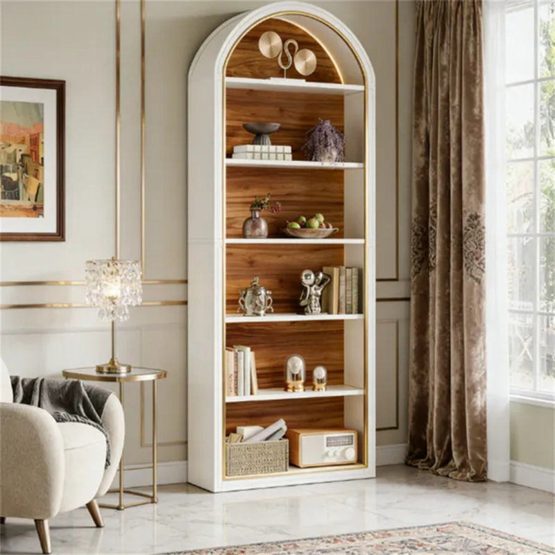 Étagère à livres haute à 8 niveaux en bois arquée, finition bicolore avec panneau arrière fermé anti-poussière pour un rangement de grande capacité