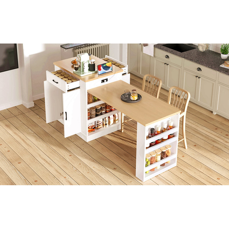Console d'îlot extensible avec tiroirs, armoire à deux portes et tablettes ouvertes