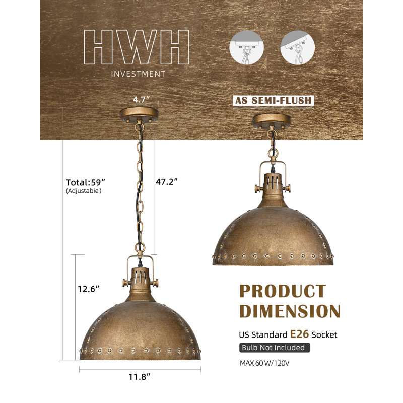 1-Light Vintage Pendant Dome Shape In Rust Copper Finish, 59" H x 11.8" W x 11.8" D, No, 60 W