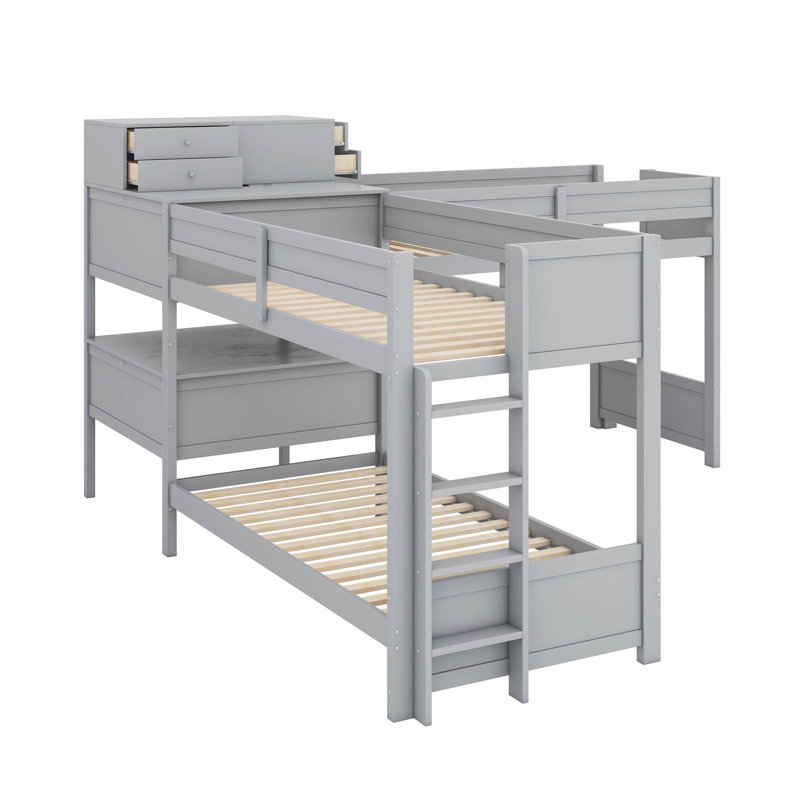 Lit superposé triple en L avec tiroirs, lit superposé en bois avec bureau et station de charge, lits superposés avec garde-corps et 2 échelles