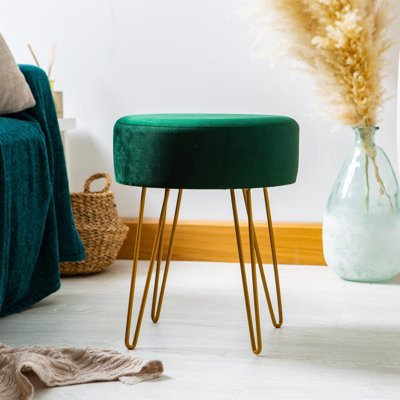 Harbour Housewares - Round Velvet Footstool - Gold Hairpin Legs